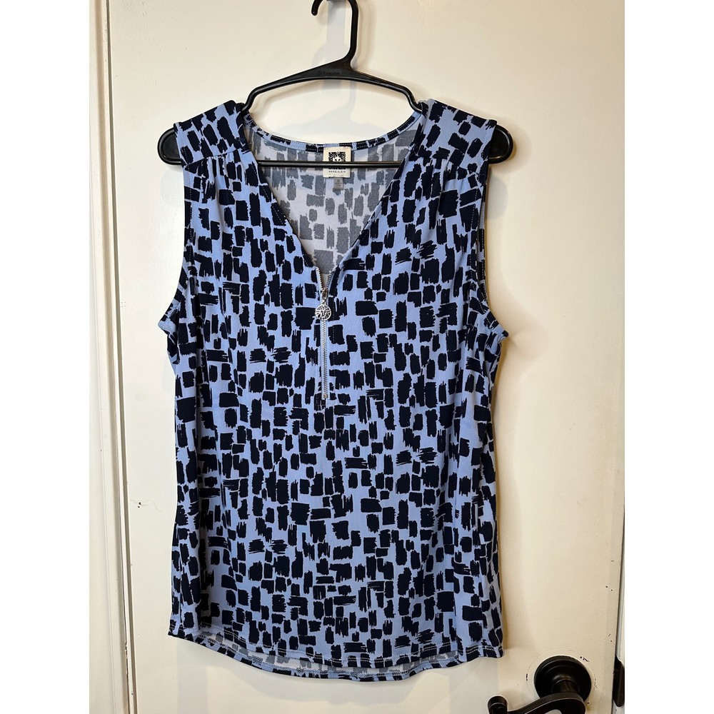 Anne Klein Womens Blue Abstract Print Half Zip Sleeveless Blouse Top Size M